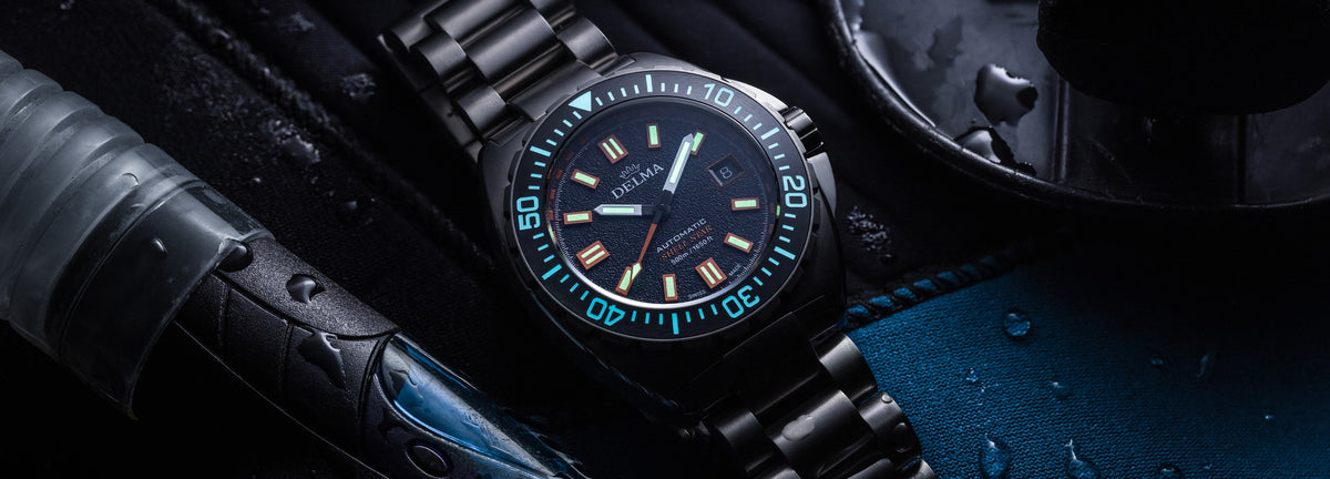 DELMA Shell Star Titanium watch with black dial and black bezel luminous