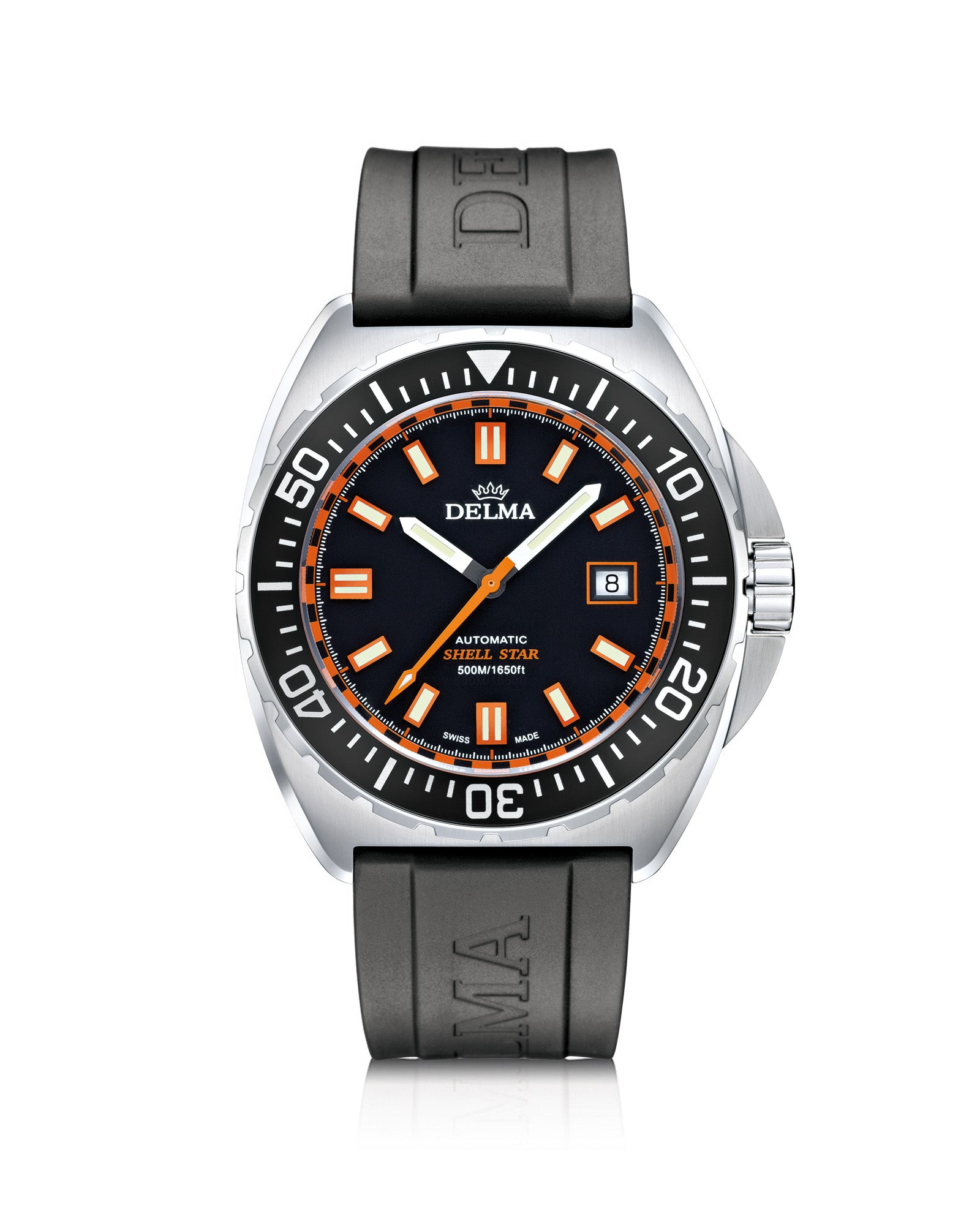 DELMA Shell Star Automatic stainless steel watch with black dial, bezel and black rubber strap