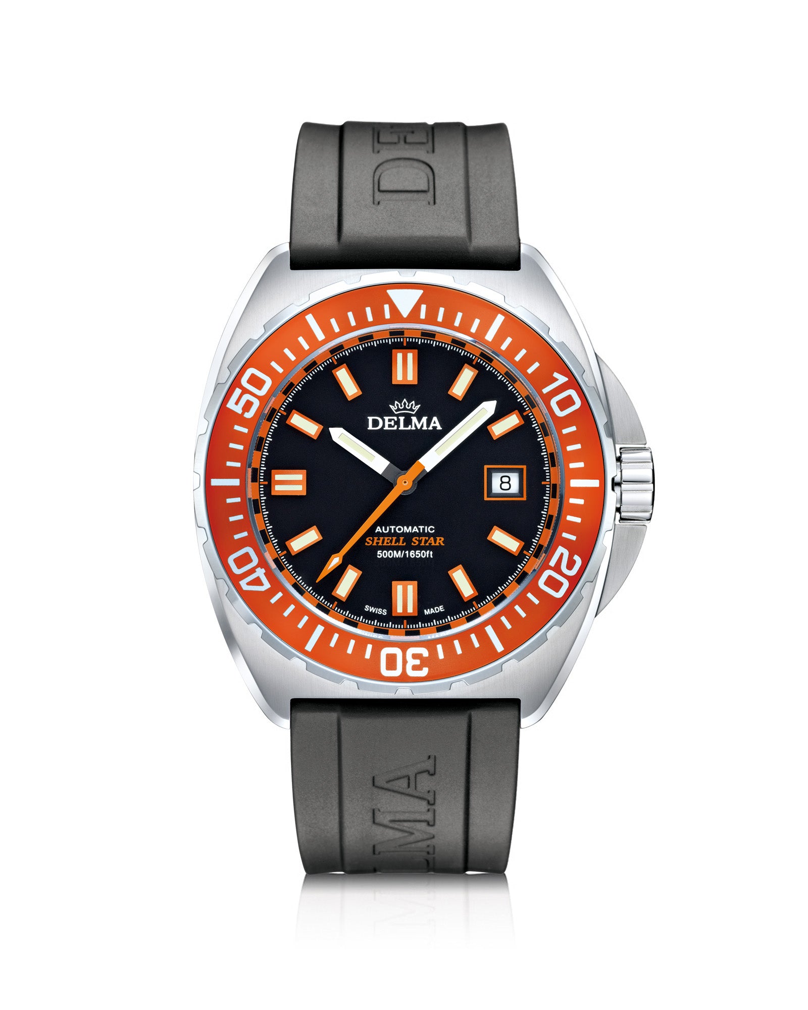DELMA Shell Star Automatic stainless steel watch with black dial, orange bezel and black rubber strap