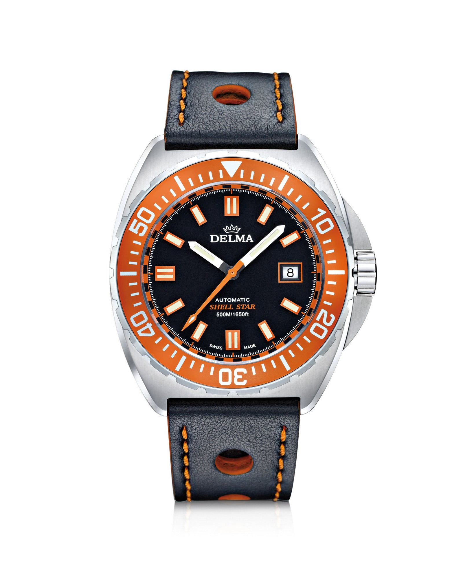 DELMA Shell Star Automatic stainless steel watch with black dial, orange bezel and black leather strap