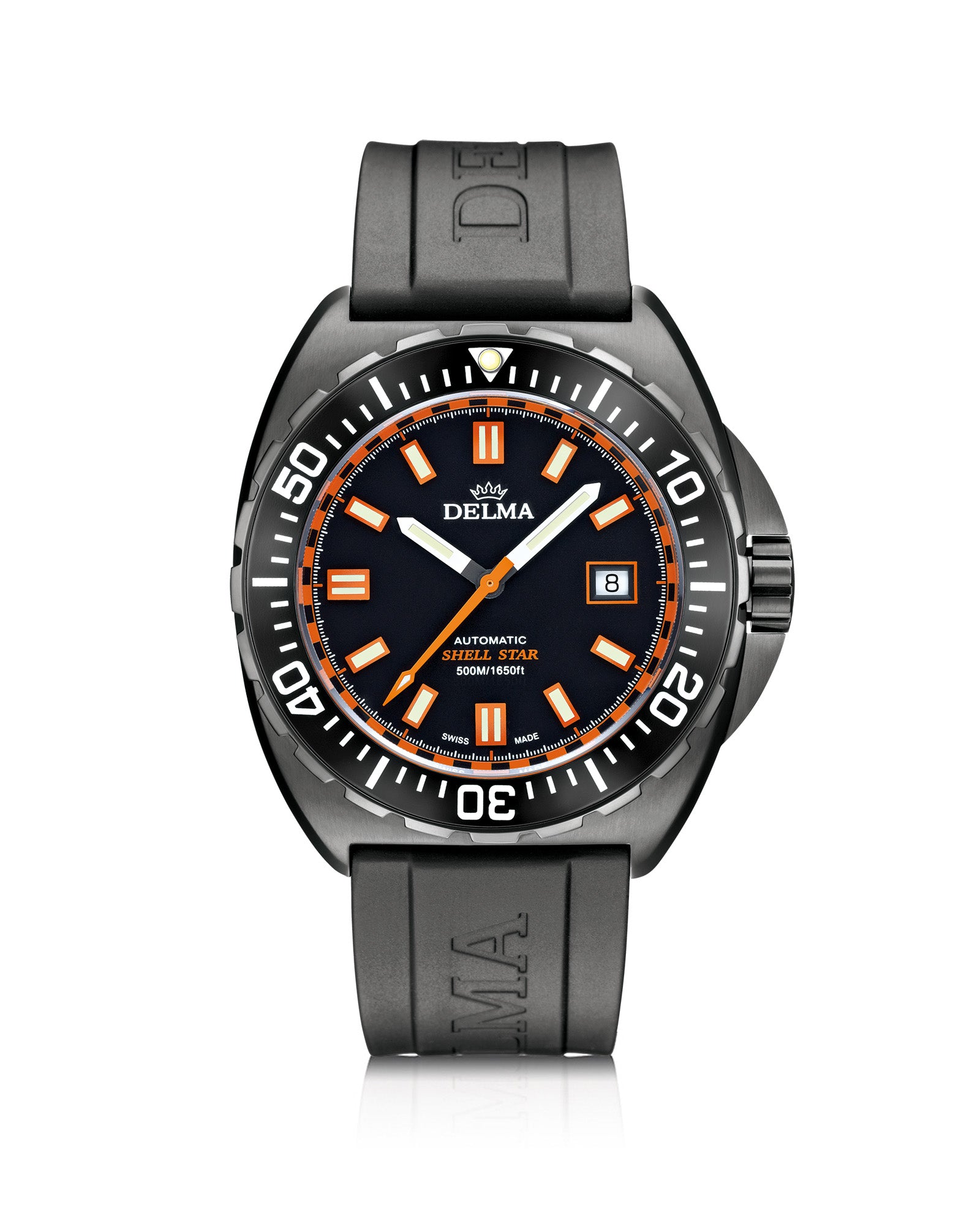 DELMA Shell Star Black Tag black DLC stainless steel watch with black bezel and black rubber strap