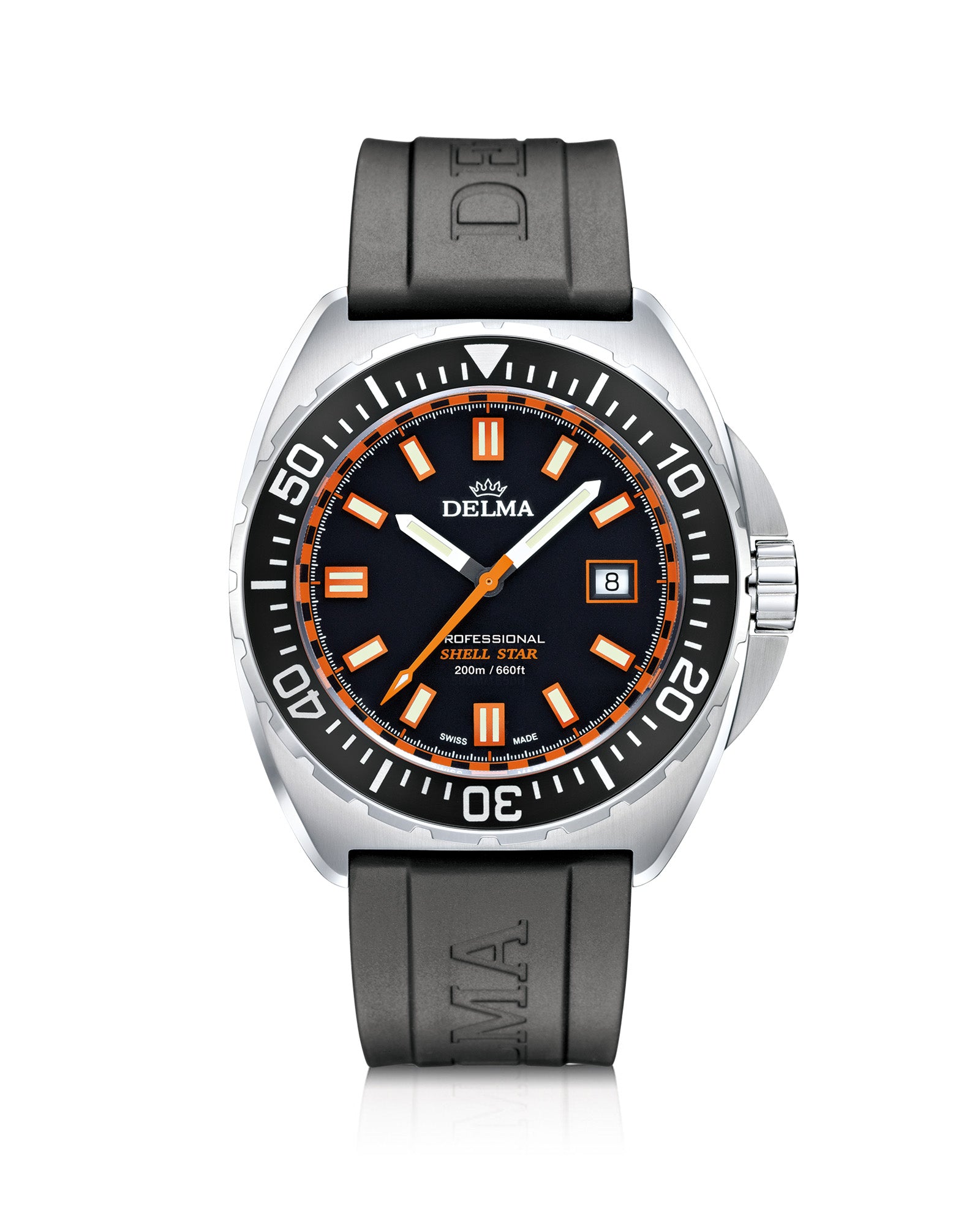 DELMA Shell Star stainless steel watch with black dial, bezel and black rubber strap