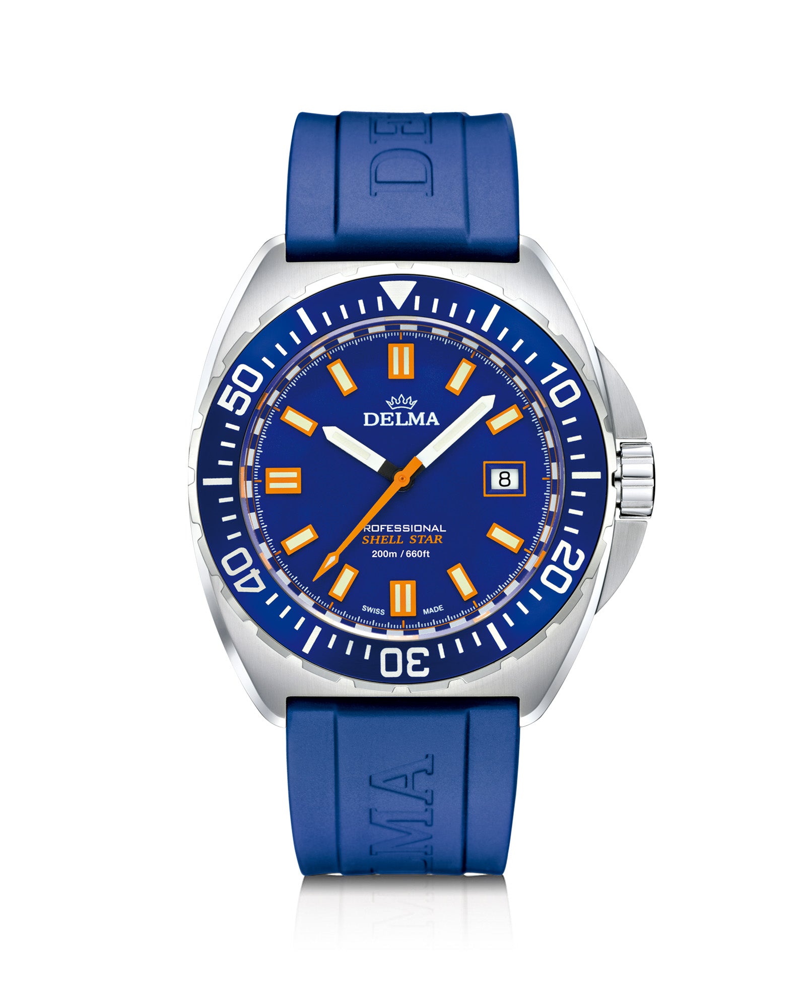 DELMA Shell Star stainless steel watch with blue dial, bezel and blue rubber strap