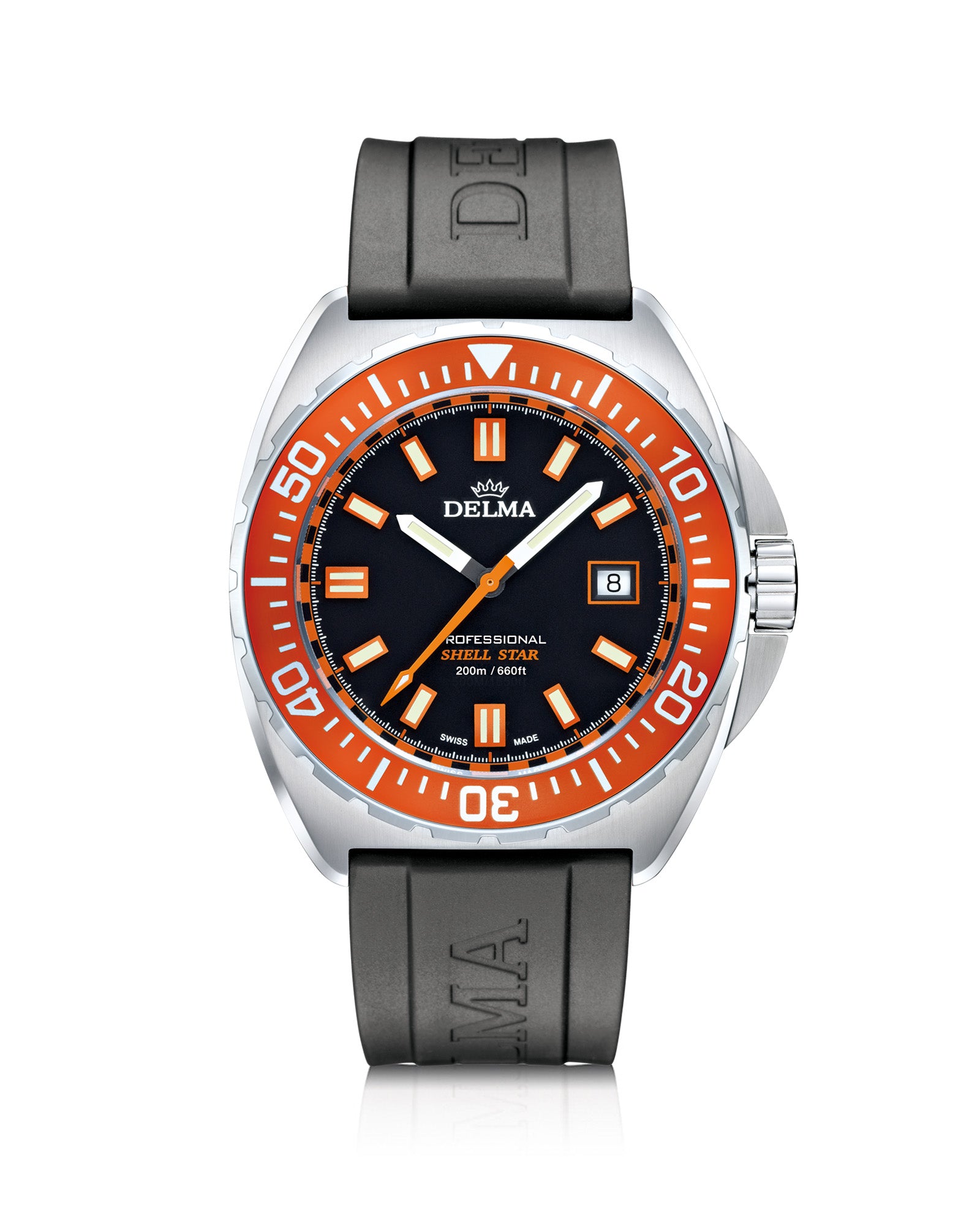 DELMA Shell Star stainless steel watch with black dial, orange bezel and black rubber strap