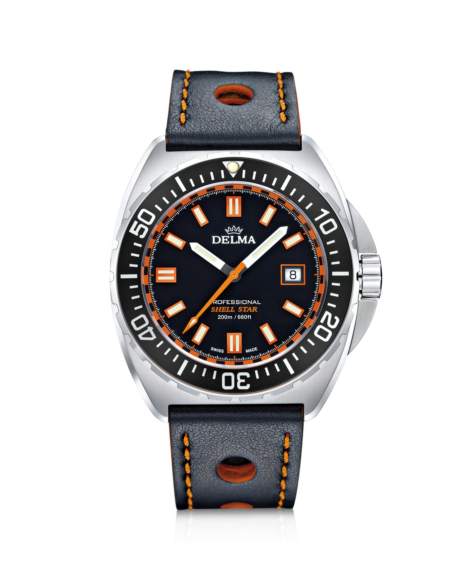 DELMA Shell Star stainless steel watch with black dial and bezel and black leather strap