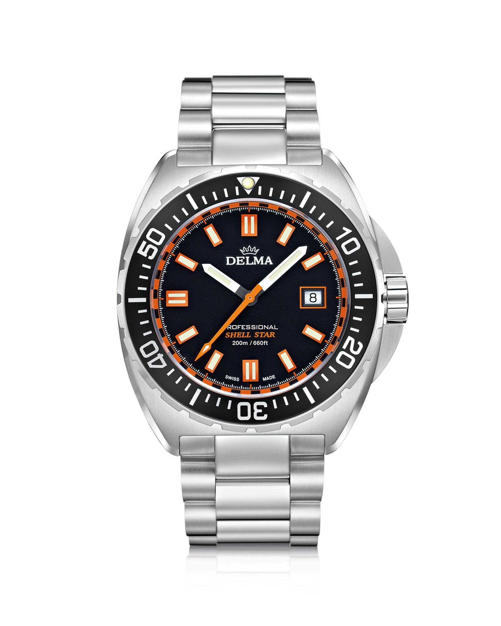 DELMA Shell Star stainless steel watch with black dial and black bezel