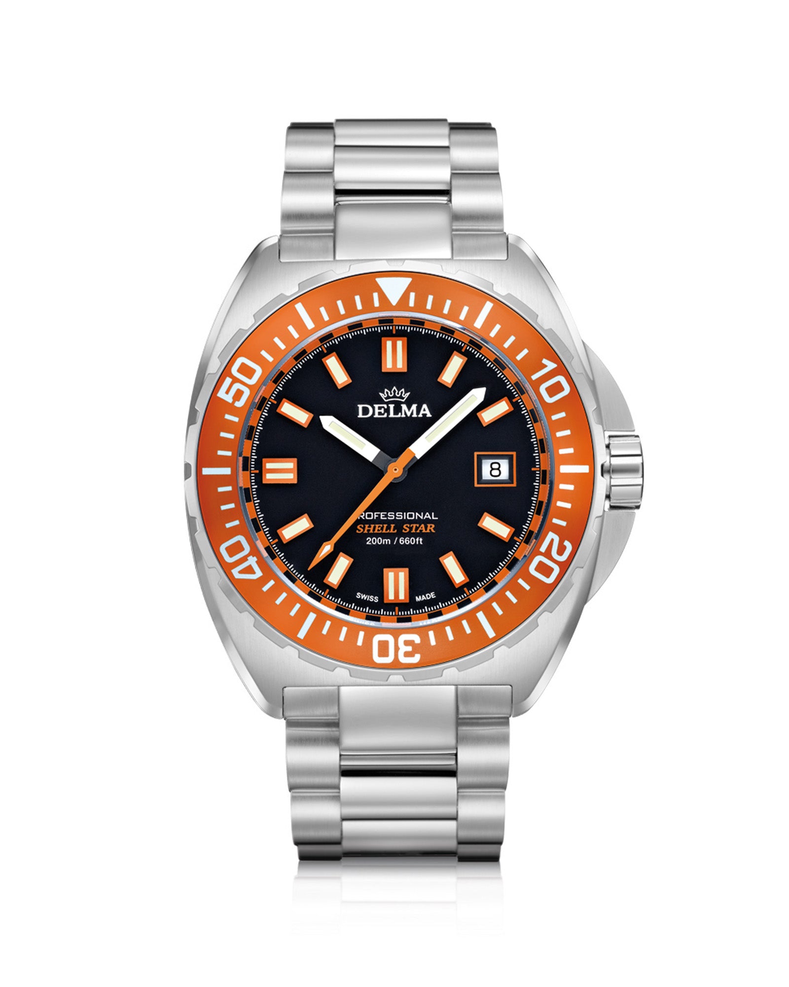 DELMA Shell Star stainless steel watch with black dial and orange bezel