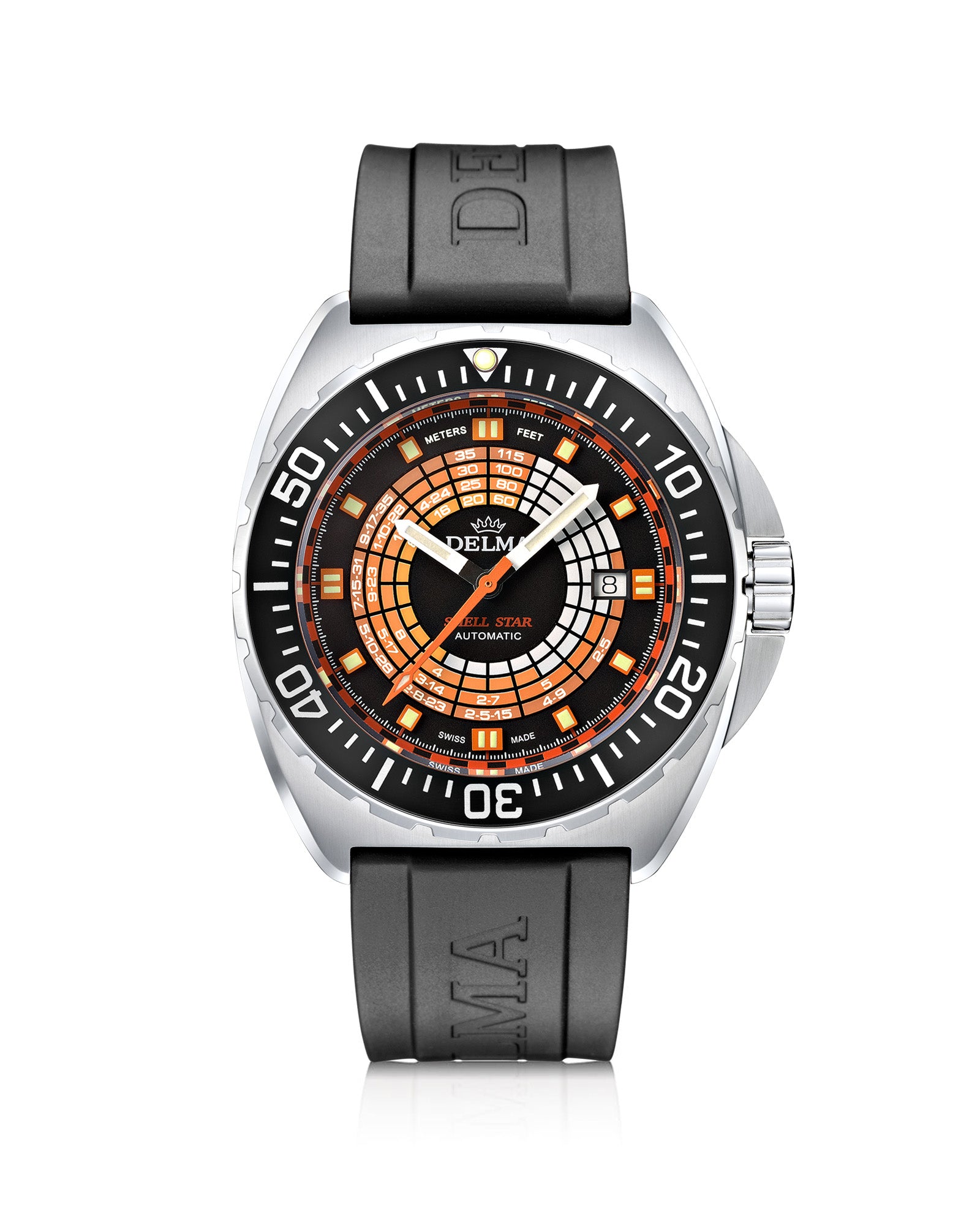 DELMA Shell Star Decompression Timer stainless steel watch with black bezel and black rubber strap