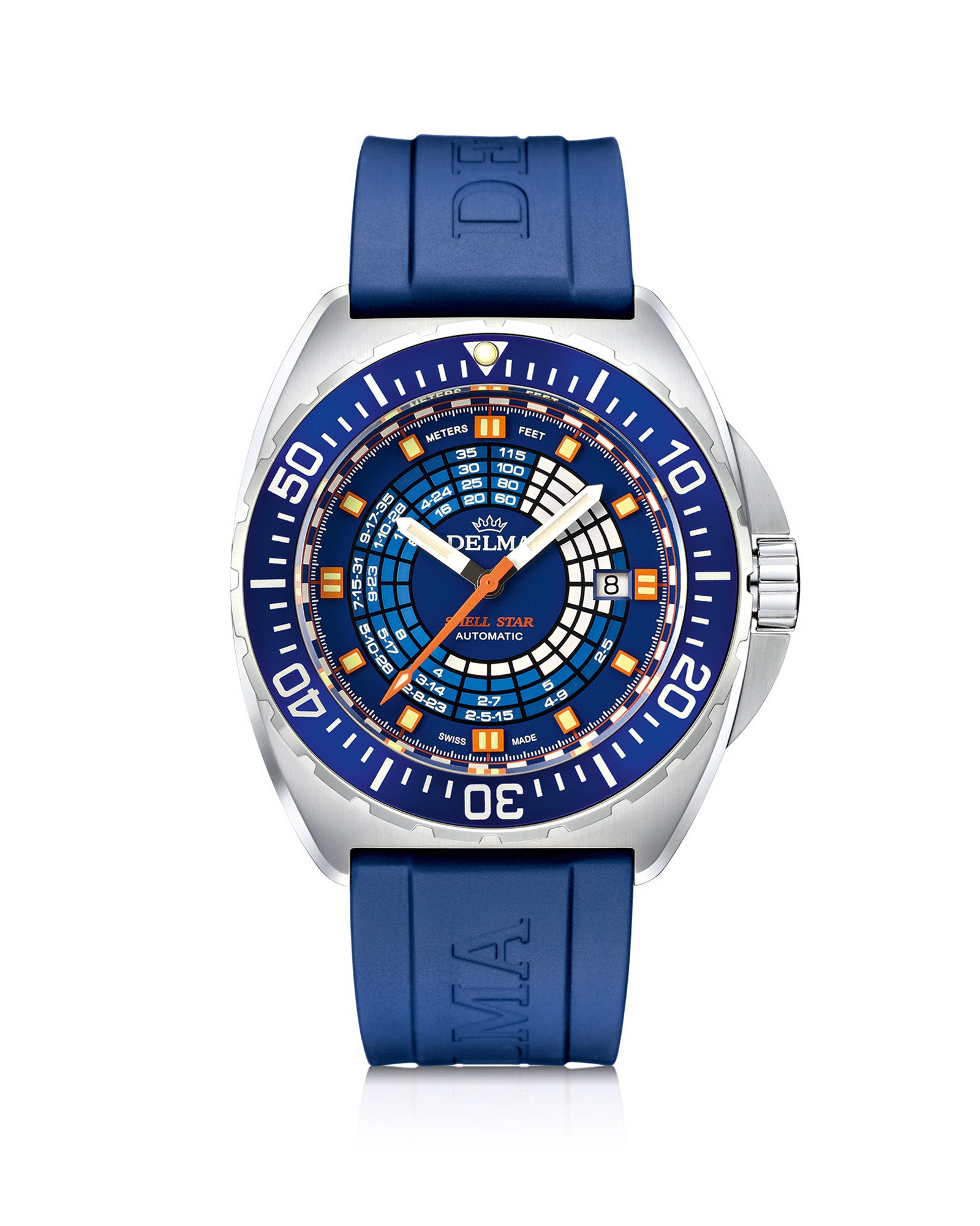 DELMA Shell Star Decompression Timer stainless steel watch with blue bezel and blue rubber strap