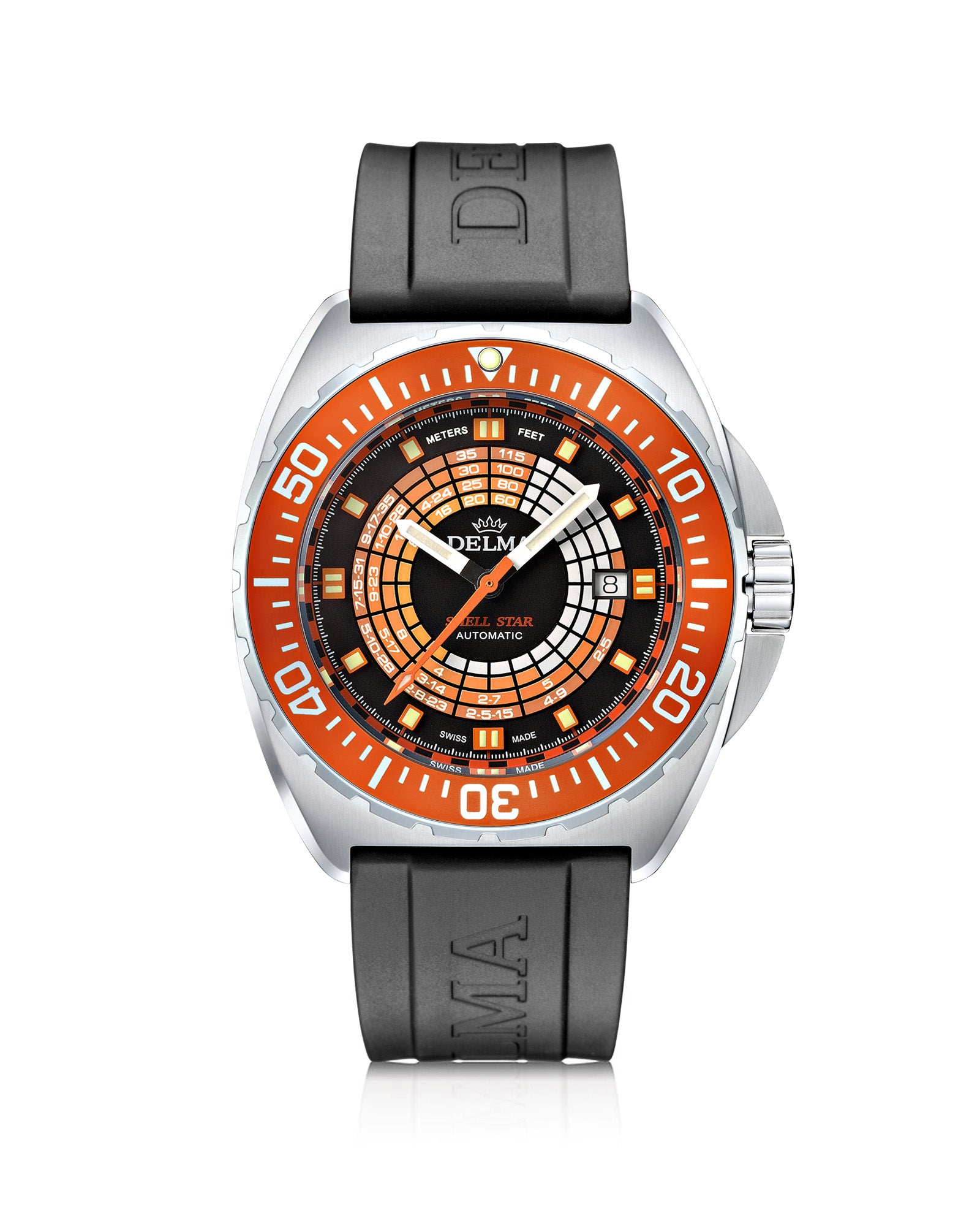 DELMA Shell Star Decompression Timer stainless steel watch with orange bezel and black rubber strap