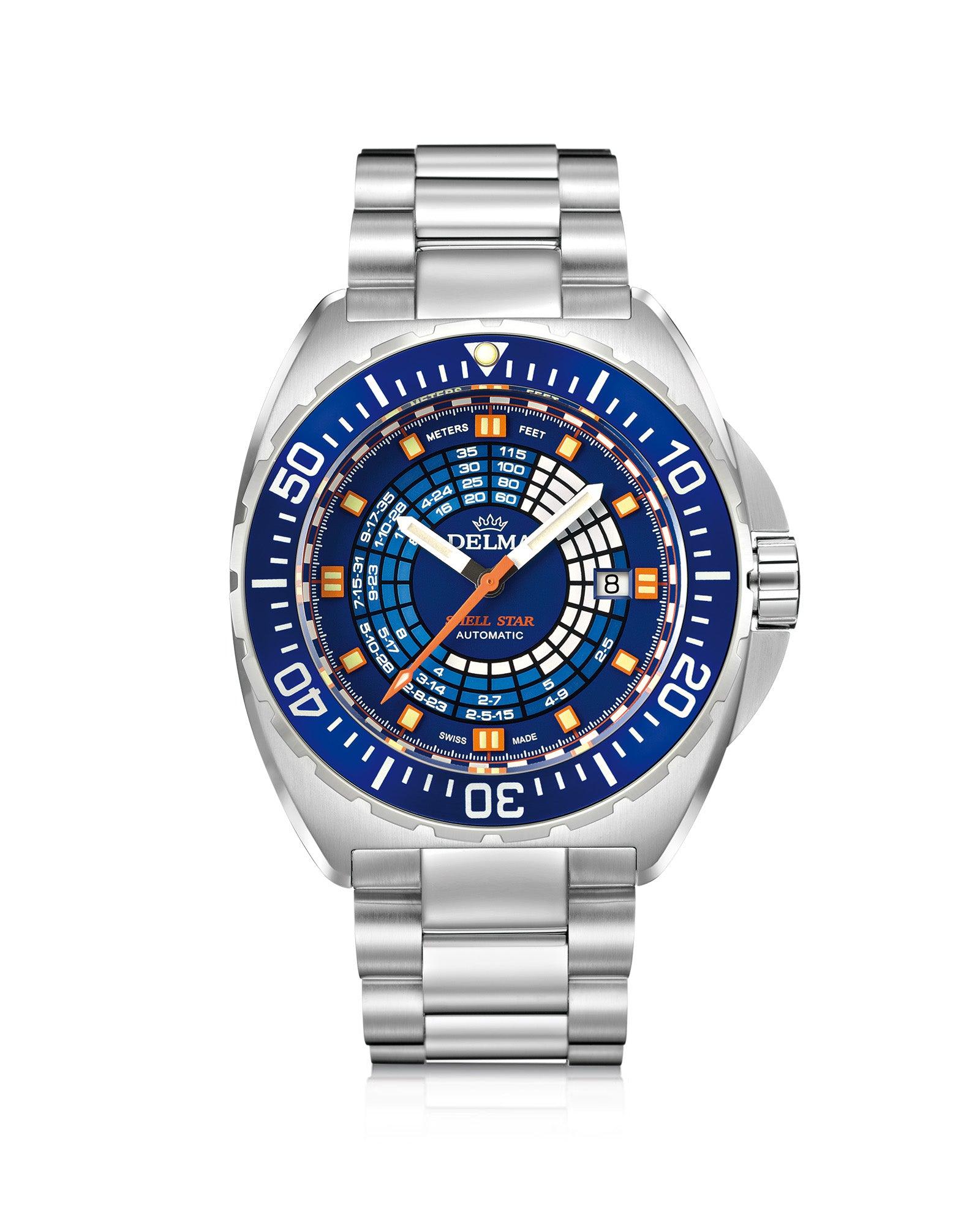 DELMA Shell Star Decompression Timer stainless steel watch with blue bezel