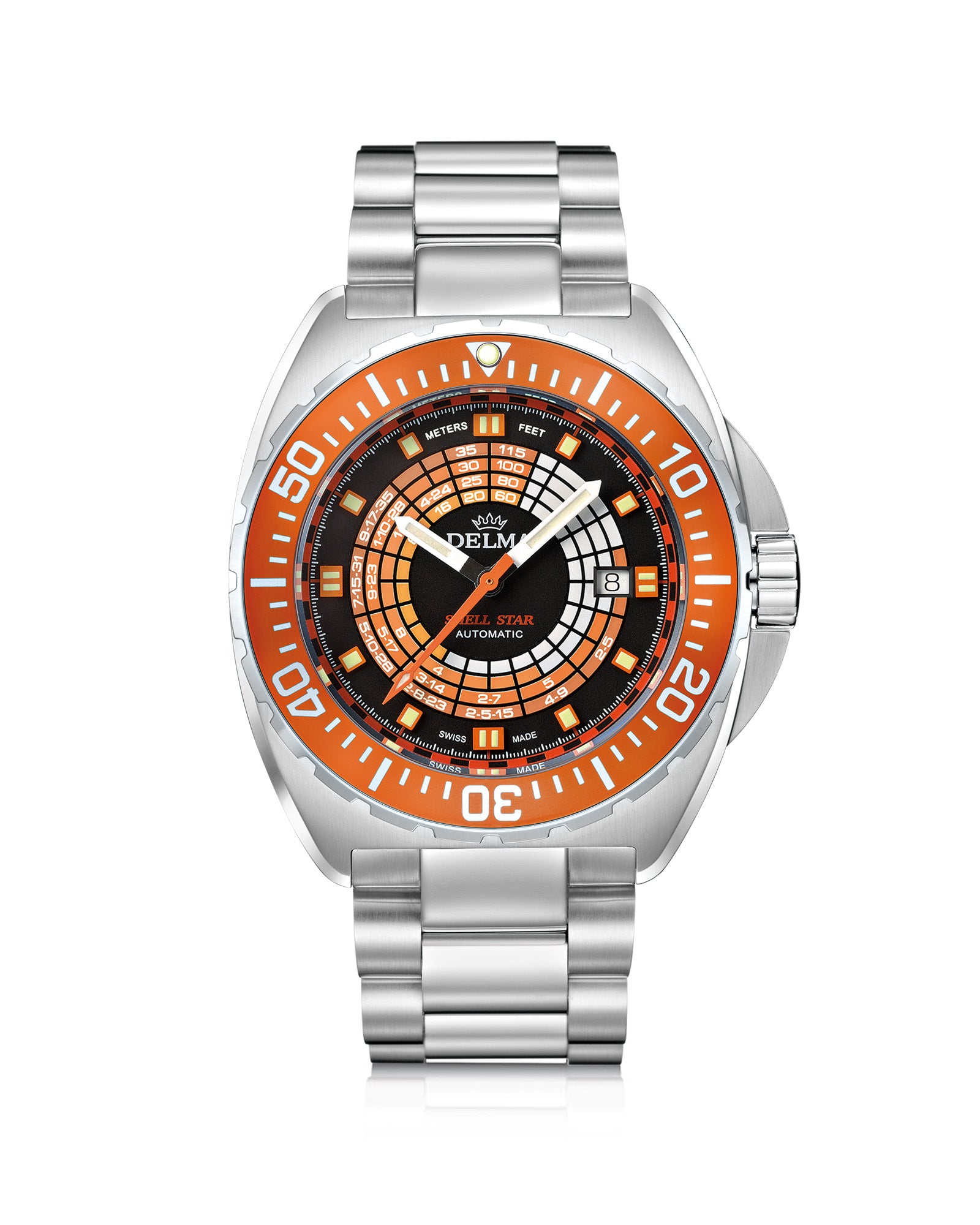 DELMA Shell Star Decompression Timer stainless steel watch with orange bezel
