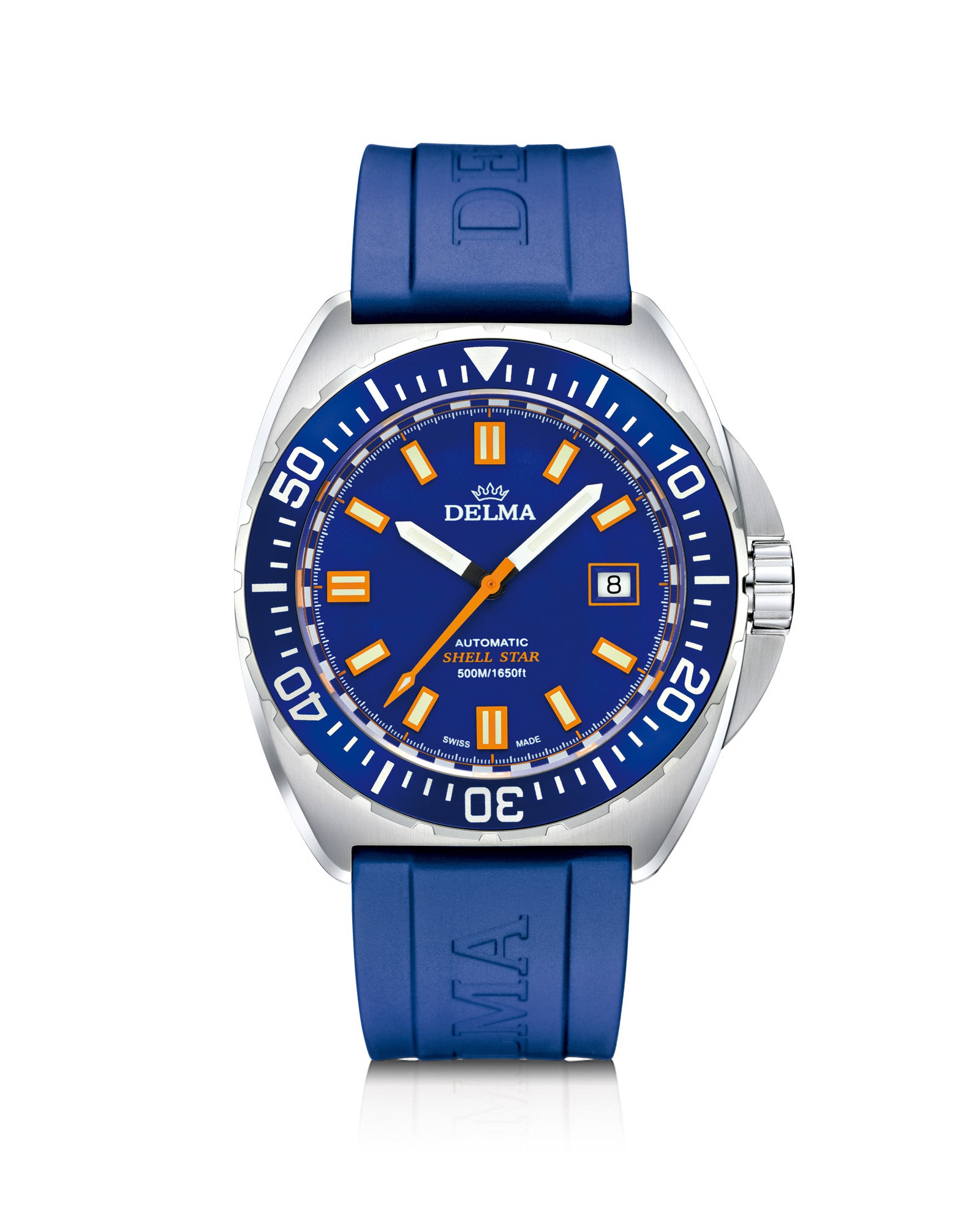 DELMA Shell Star Automatic stainless steel watch with blue dial, bezel and blue rubber strap