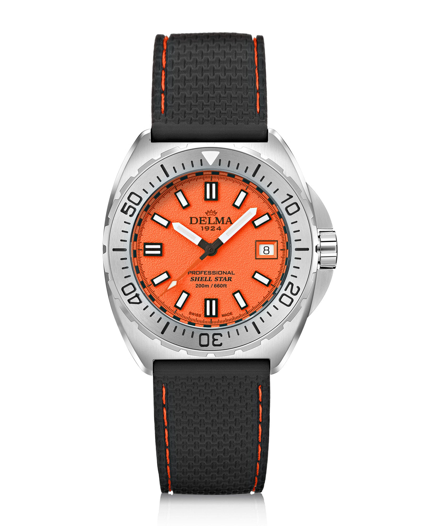 DELMA Shell Star 41 mm stainless steel watch with orange dial and black rubber strap