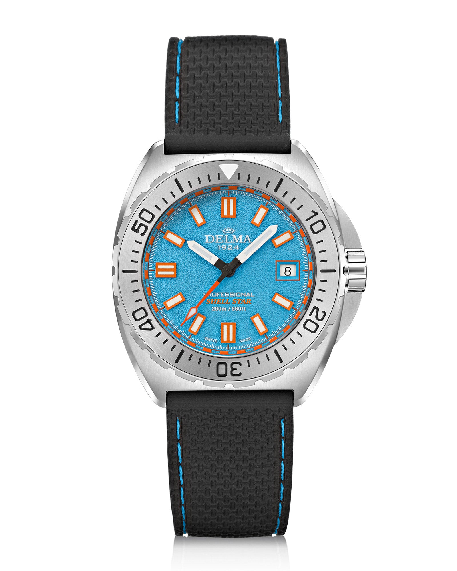 DELMA Shell Star 41 mm stainless steel watch with blue dial and black rubber strap