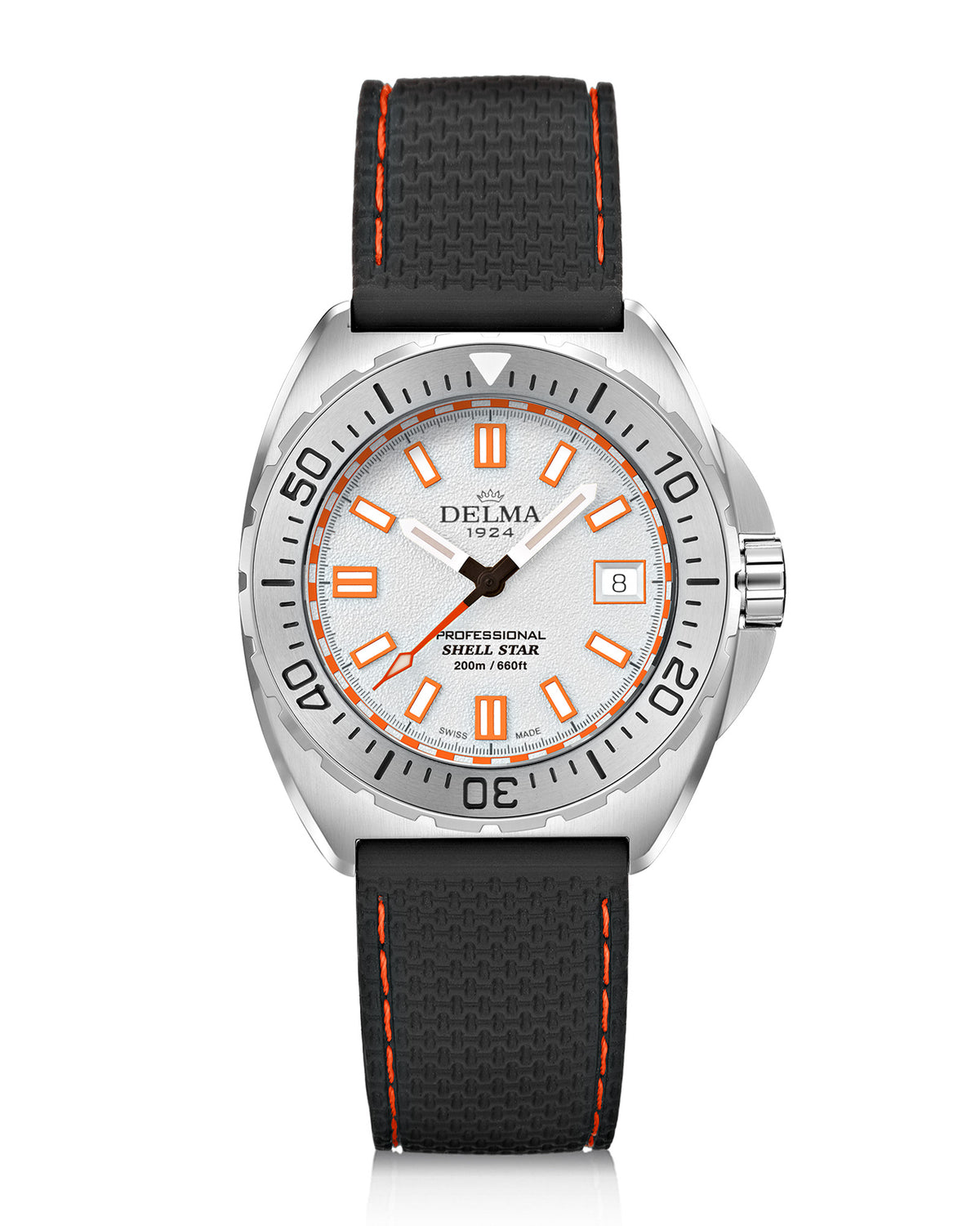 DELMA Shell Star 41 mm stainless steel watch with white dial and black rubber strap