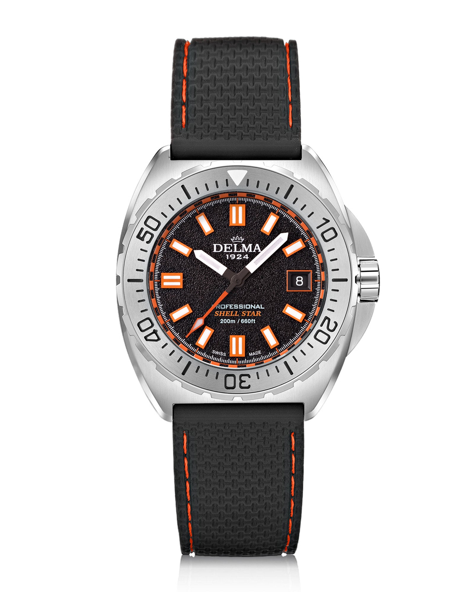 DELMA Shell Star 41 mm stainless steel watch with black dial and black rubber strap