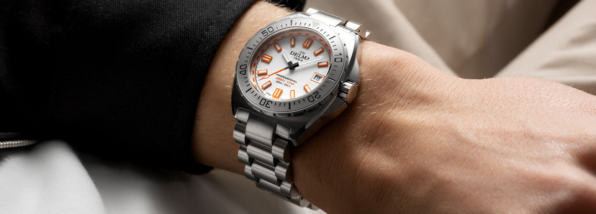 DELMA Shell Star 41 mm stainless steel watch with white dial on wrist