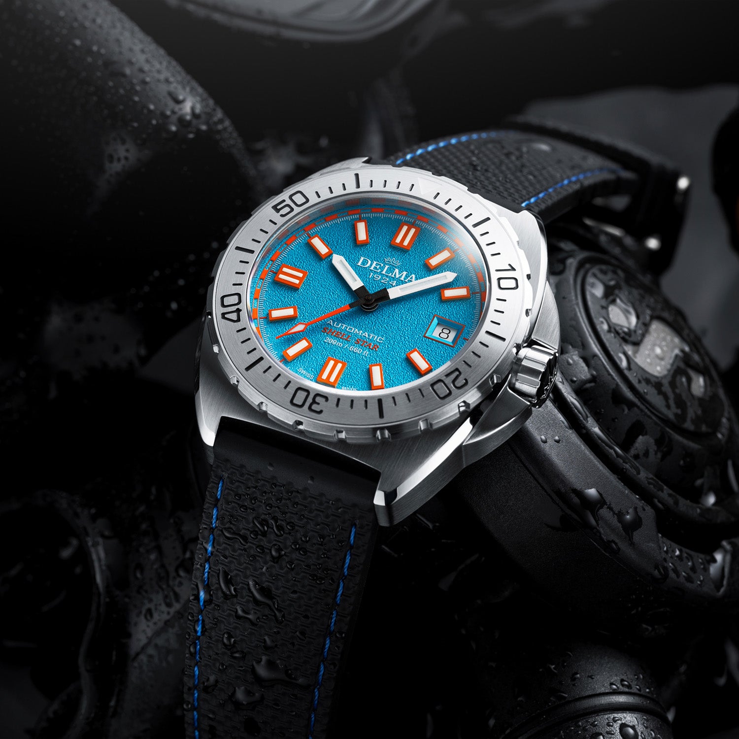 Delma Shell Star 41mm blue dial black rubber strap