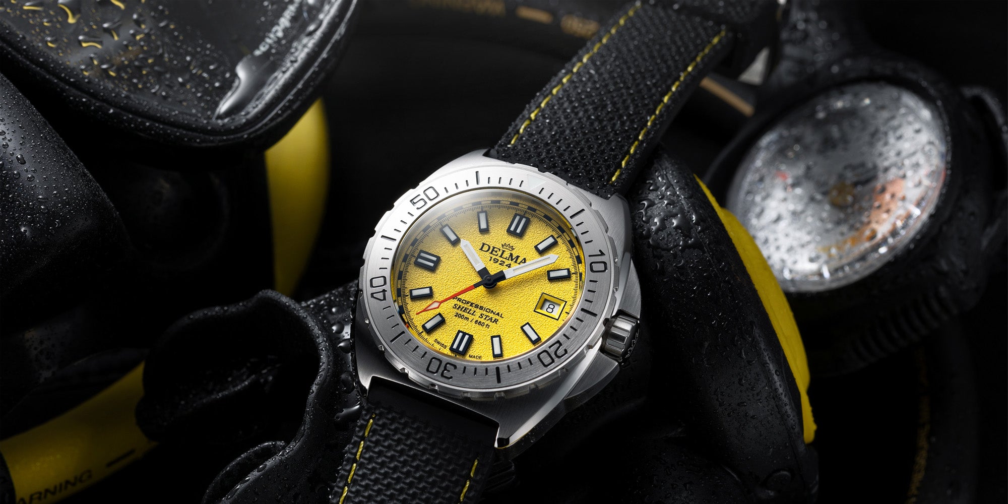Delma Shell Star 41mm yellow dial black rubber strap
